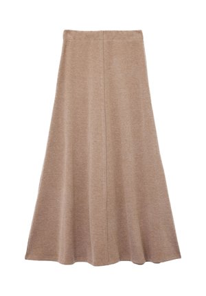 Longue jupe beige en forme trapèze avec détail de couture centrale, réalisée en tissu tricoté doux et un ourlet légèrement évasé.