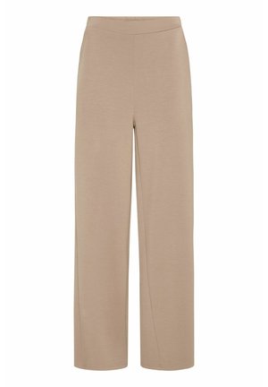 Pantalones de pierna ancha beige con cinturilla elástica, hechos de una tela suave. Presentan una textura lisa y sin bolsillos o adornos visibles.