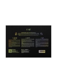 Black box design with gold and white text. Contains product details for a facial rejuvenation set. Includes three items: primer, base, and spray.
