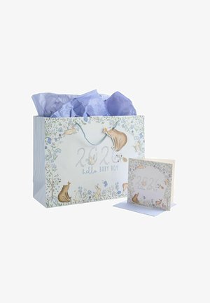Sac cadeau et carte assortie avec des animaux et des fleurs, portant la mention "2026 hello baby boy," avec du papier de soie bleu clair dans le sac.