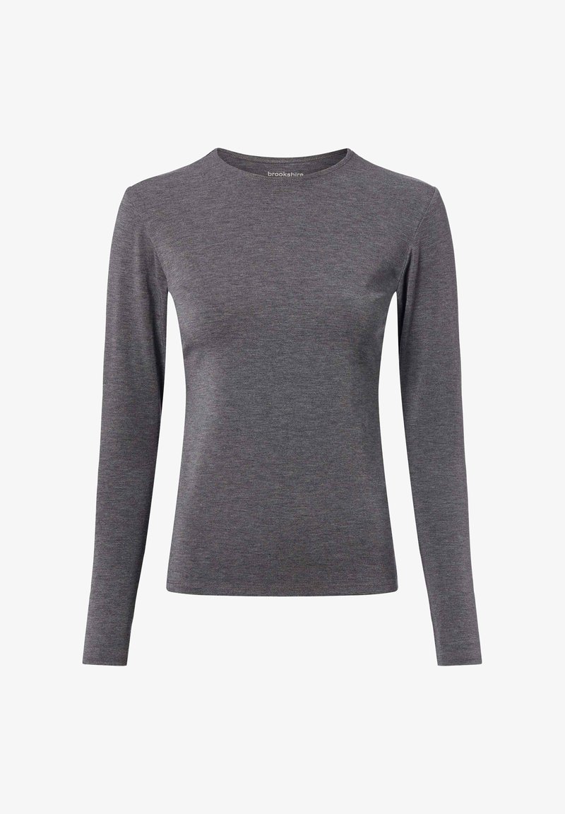 Gray long-sleeve shirt made of soft fabric, featuring a crew neckline and a fitted design. No patterns or additional accents visible.