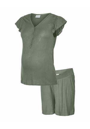 Žalias, su briaunuota faktūra, trumpomis rankovėmis nėščiųjų viršus su sagų detalėmis ir derančiais tampriais šortais su elastiniu liemeniu, pagamintas iš minkšto, tampraus audinio.