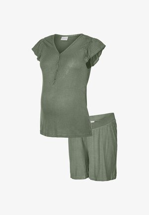 Roheline soonikkoes lühikeste varrukatega rasedate särk, millel on nööpdetail ja sobivad elastse vöökohaga lühikesed püksid pehmest, venivast kangast.