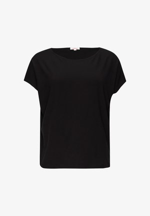 T-shirt noir à manches courtes en coton doux. Coupe ample avec un col large et une texture lisse, présentant un design simple et sans ornements.