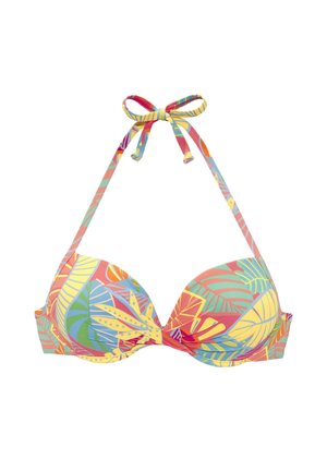 Buntes Bikini-Oberteil mit einem lebhaften tropischen Blattmuster in Grün, Gelb, Rot und Blau. Verstellbare Bindebänder vervollständigen das Design.