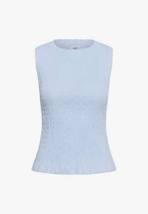 Lichtblauw mouwloos topje met een geplooide stoftextuur en een lichte peplumzoom, voorzien van een ronde halslijn.