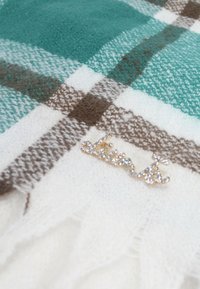 Coperta verde e bianca a quadri con una texture morbida, caratterizzata da un logo in corsivo con accenti di brillantini dorati sul bordo.