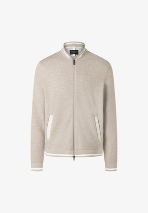 Beżowa kurtka typu bomber zapinana na zamek z białym wykończeniem na kołnierzu, mankietach i dolnym końcu, z dwoma bocznymi kieszeniami i zapięciem na zamek z przodu.