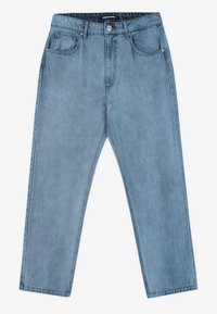 Světlé modré džíny z denimu s rovnými nohavicemi, pěti kapsami a zapínáním na knoflík. Hladký povrch s minimálním opotřebením.