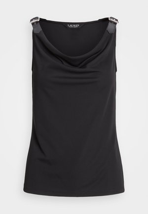 Czarna bezrękawnikowa bluzka z drapowanym dekoltem i detalami z pasków skórzanych z srebrnymi klamrami na ramionach.