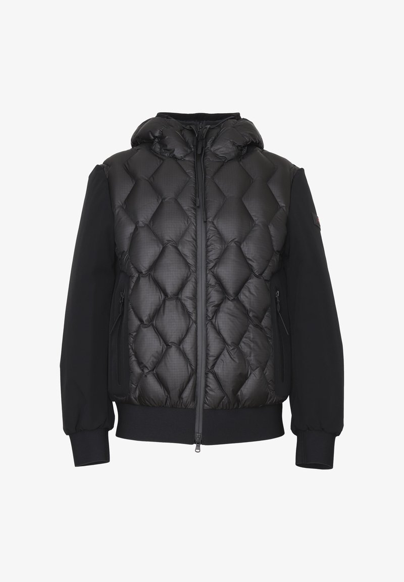 Giubbotto imbottito nero con frontale trapuntato, maniche nere a tinta unita, cappuccio, tasche con zip e polsini elastici all'orlo e alle maniche.