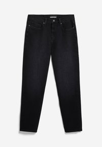 Jeans slim taille haute noirs avec fermeture à bouton et zip à l’avant, passants de ceinture et design cinq poches sur fond blanc.