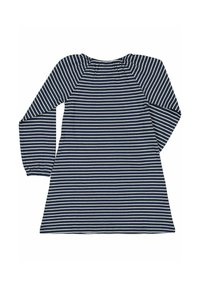 Laivastonsininen ja valkoinen raidallinen mekko, jossa on pitkät hihat, rypytetty kaula-aukko ja levenevä helma. Valmistettu pehmeästä ja joustavasta kankaasta.