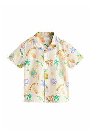 Béžová košeľa s krátkym rukávom na gombíky s tropickými motívmi vrátane ananásov, palmových stromov, slnka a frázy ako "Ocean Bay" a "Tropicana".