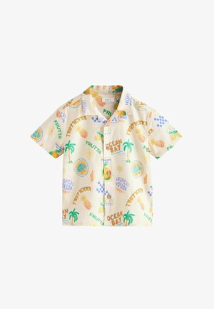 Kortærmet beige skjorte med knapper og tropiske prints, herunder ananas, palmer, sole og sætninger som "Ocean Bay" og "Tropicana."