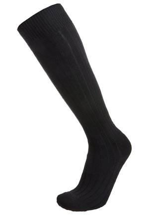 Knielange schwarze Socken aus geripptem Stoff. Merkmale sind eine glatte Oberfläche und eine verstärkte Spitze für Langlebigkeit.