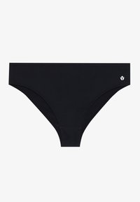 Crni bikini donji dio s glatkom teksturom, klasičnim dizajnom i malim bijelim logom s desne strane. Ima standardni rez za prekrivanje.