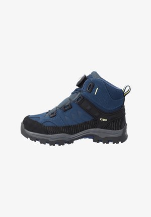 Blue and black mid-height hiking boot with adjustable dial closure, rugged sole, padded ankle support, and CMP logo on the side.