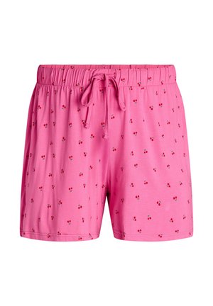 Lyserøde afslappede shorts med elastisk taljebånd og snor, dekoreret med små røde kirsebærmønstre over det hele.