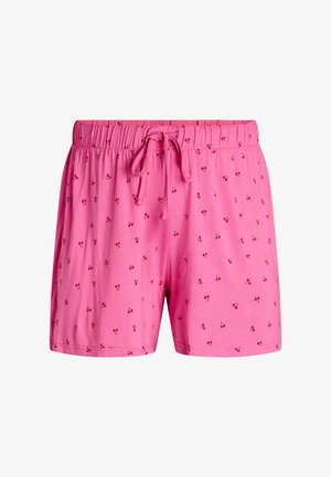 Rosa Freizeit-Shorts mit elastischem Bund und Kordelzug, verziert mit kleinen roten Kirschmustern überall.