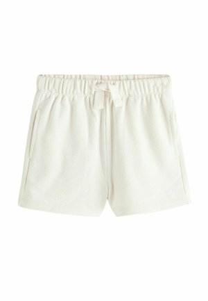 Weiße Frottee-Shorts mit elastischem Bund und vorderem Kordelzug, ausgestattet mit Seitentaschen.