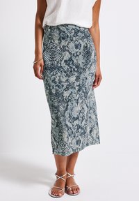 Snake-patterned midi skirt in shades of blue and gray, made of lightweight fabric, featuring a side button detail and a smooth texture.