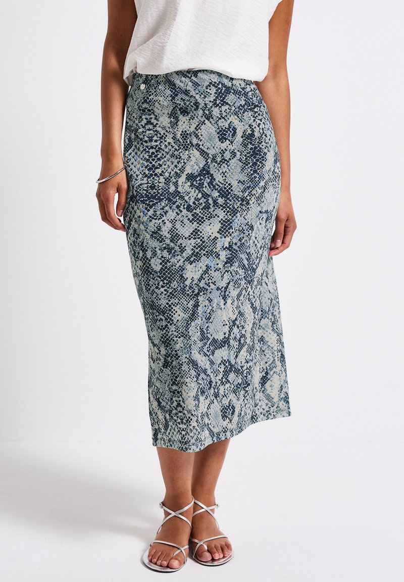 Snake-patterned midi skirt in shades of blue and gray, made of lightweight fabric, featuring a side button detail and a smooth texture.
