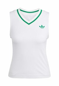 Top atlético sin mangas de color blanco con escote en V, que presenta una banda a rayas verdes y blancas en el cuello y un pequeño logo verde en el pecho.
