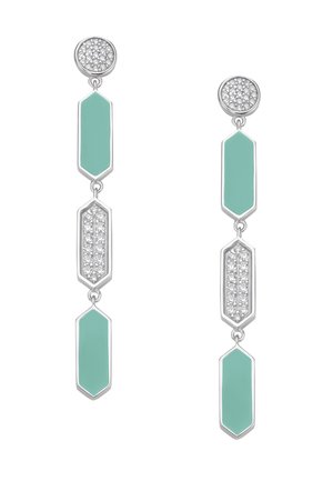 Lange silberne Tropfenohrringe mit runden Kristallsteckern, abwechselnd türkisfarbene Emaille und kristallbesetzte geometrische Formen im vertikalen Design.