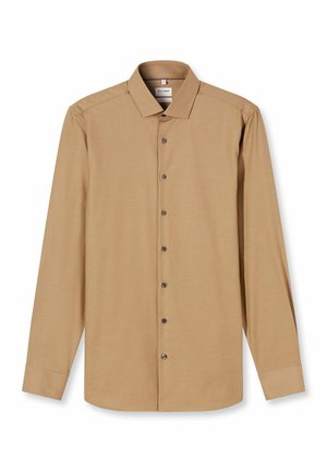 Lichtbruine, lange mouwen shirt met een button-down kraag, zeven knopen aan de voorkant en een gladde stoftextuur.