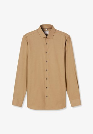 Lichtbruine, lange mouwen shirt met een button-down kraag, zeven knopen aan de voorkant en een gladde stoftextuur.