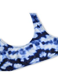 Marineblauwe en lichtblauwe tie-dye sportbeha met een scoop halslijn, brede bandjes en platte naden voor comfort. Zacht, rekbaar materiaal.