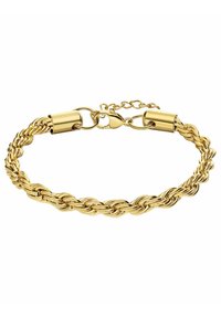 Gouden gedraaide schakelarmband met een sluiting en verlengkettinkje. Beschikt over een gladde textuur en een intricately gevlochten ontwerp.