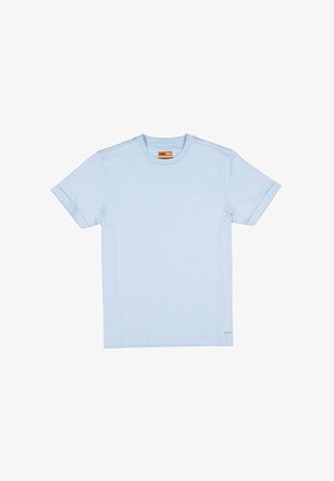 Light blue short-sleeve crew neck t-shirt with subtle white "ea" logo on chest and small rectangular tag near hem.
