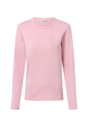 Weiche pinkfarbene Langarm-Crewneck-Bluse mit geradem Saum, frontal auf einem weißen Hintergrund präsentiert.