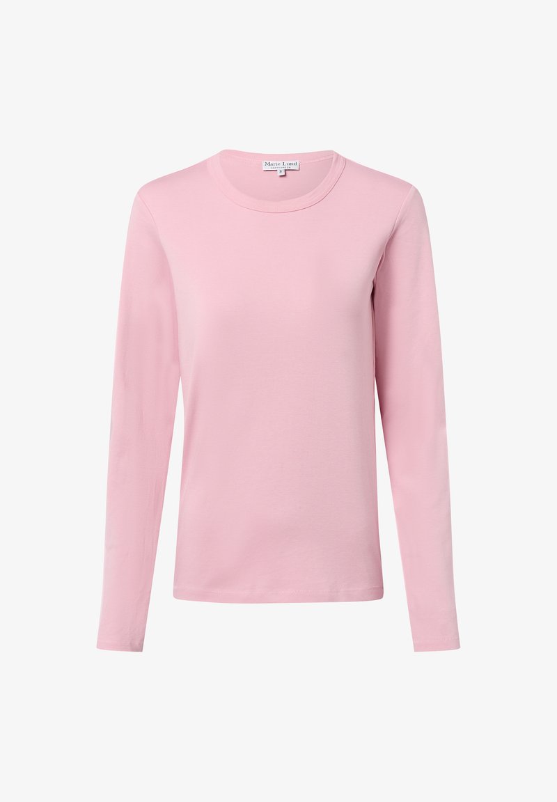 Miękki różowy longsleeve z okrągłym dekoltem i prostym dołem, wyeksponowany frontalnie na białym tle.