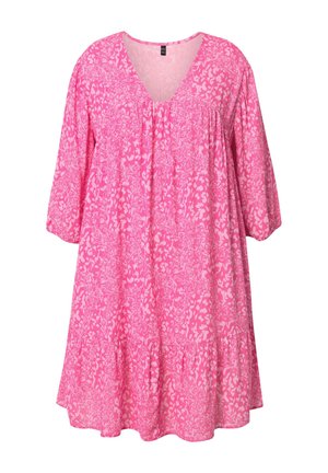 Rosenblumen-Print Kleid mit V-Ausschnitt, Dreiviertelärmeln und gestuftem Saum; aus leichtem, strukturiertem Stoff gefertigt.