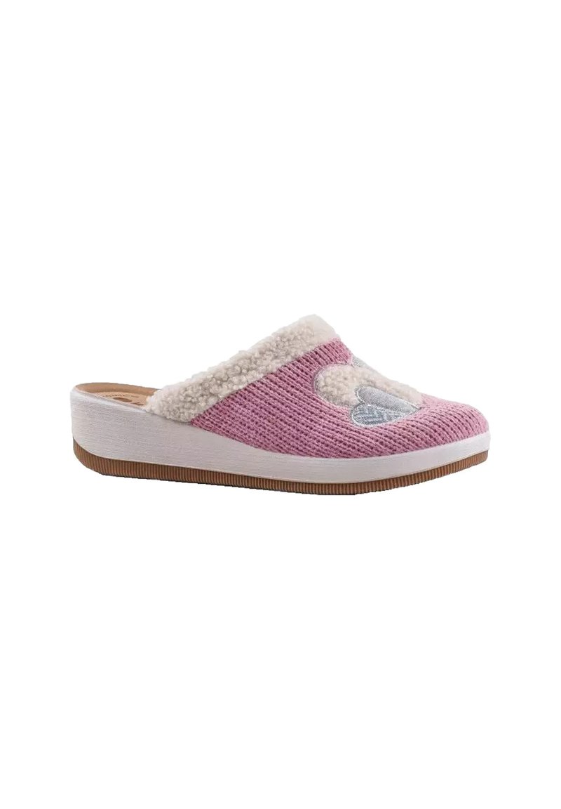 Pantofole intrecciate rosa con una fodera bianca e morbida, caratterizzate da un design a forma di cuore. Suola completamente bianca e fondo in gomma testurizzato.