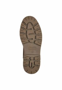 Semelle en caoutchouc brun avec des motifs de crampons profonds. Présente un logo en relief et la taille '42'. Design durable pour l'adhérence et la stabilité.