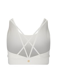 Soutien-gorge de sport blanc avec une texture lisse, une coupe ajustée et un détail de bretelles croisées au dos. Logo de la marque discret en bas au centre.