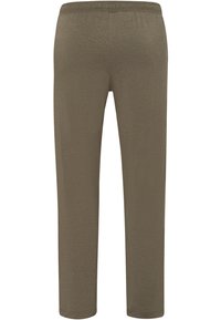 Olivgrön, lätta byxor med en avslappnad passform, elastisk midja och raka ben. Minimalistisk design, inga fickor eller synliga sömmar.