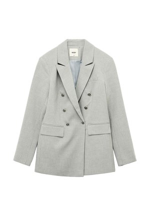 Blazer gris clair croisé avec de fines rayures, six boutons foncés, revers à cran, deux poches avant à rabat et une poche poitrine passepoilée.