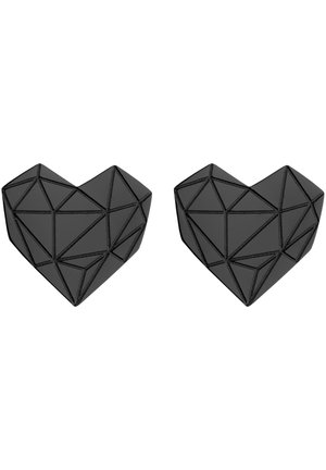 Des porte-livres en forme de cœur géométrique noir avec un design facetté, présentant des motifs triangulaires et une finition lisse et brillante.