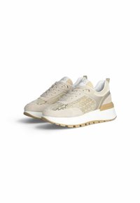 Sportieve beige sneakers met suède en mesh panelen, textuurdetail en een witte zool. Heeft beige accenten en een vetersluiting.