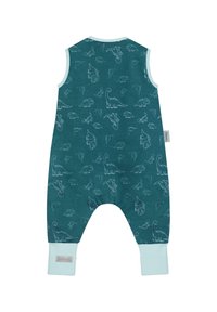 Ärmelloser türkisfarbener Baby-Overall mit hellblauen Bündchen, der ein durchgehendes weißes Dinosaurier-Muster aufweist und ein angenähtes Markenetikett aus Stoff an der Seite hat.