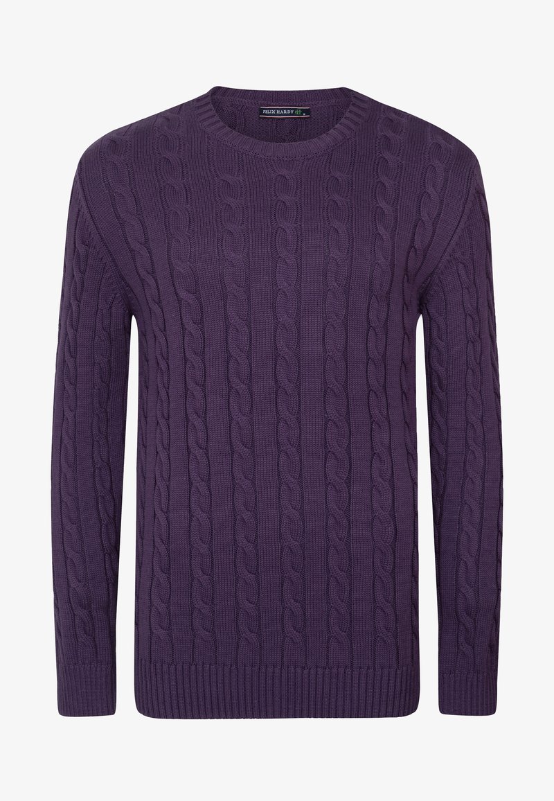 Pull violet à manches longues en maille torsadée, col rond, avec poignets et ourlet côtelés, portant une étiquette "Felix Hardy" à l'intérieur du col.