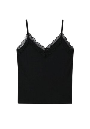 Schwarzes Spaghetti-Träger-Top mit verstellbaren Trägern, versehen mit einem gewellten Spitzenbesatz entlang des Ausschnitts. Glattes Material mit taillierter Silhouette.