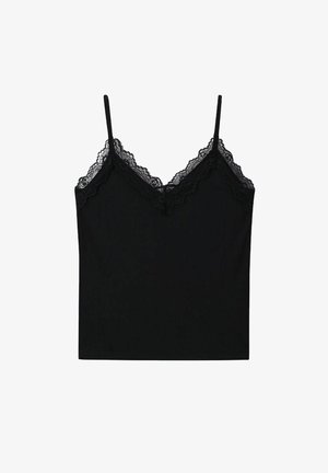 Camisole noire avec bretelles spaghetti réglables, présentant un ourlet en dentelle festonné le long de l'encolure. Tissu lisse avec une silhouette ajustée.