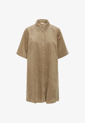 Beige kordfløjl short-sleeve skjortekjole med krave og frontlukkeknapper, med vertikal ribbet tekstur.