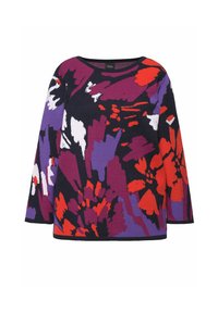 Stickad tröja med ett djärvt blommönster i lila, röd, vit och svart. Rund halsringning och trekvartsärmar. Mjukt material.